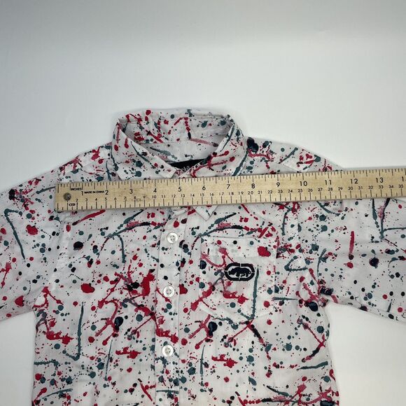 Ecko Long Sleeve Button Down Shirt Boys 4T White Red Blue Splatters Cool Funky - Picture 8 of 13